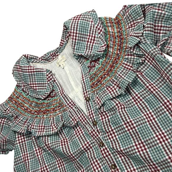 ANTHROPOLOGIE XxS Smocked Plaid Babydoll Mini Dress cottagecore Prairie Coquette - Picture 4 of 15